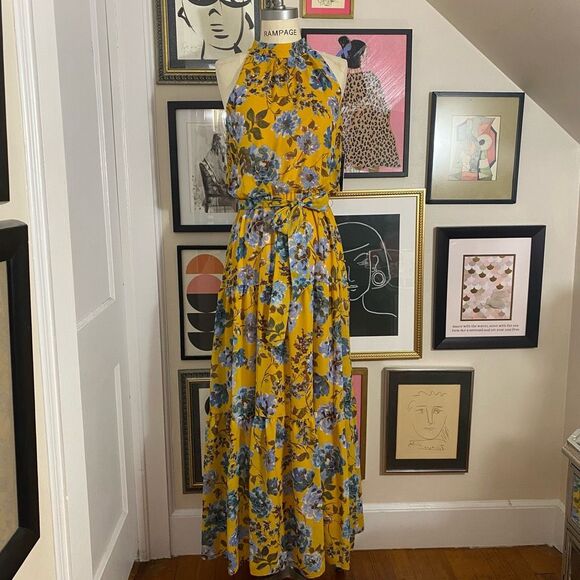 Julia Jordan Women’s Size 4 High Neck Maxi Dress Deep Yellow Floral Sleeveless - Picture 2 of 11